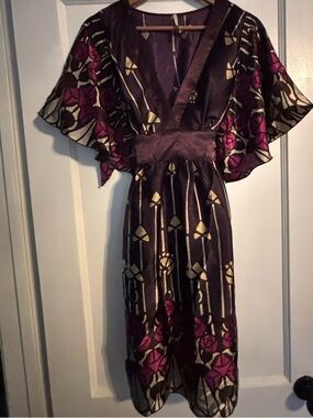 Doe & Be Purple Midi Dress with Gold and Fuchsia Floral Accents